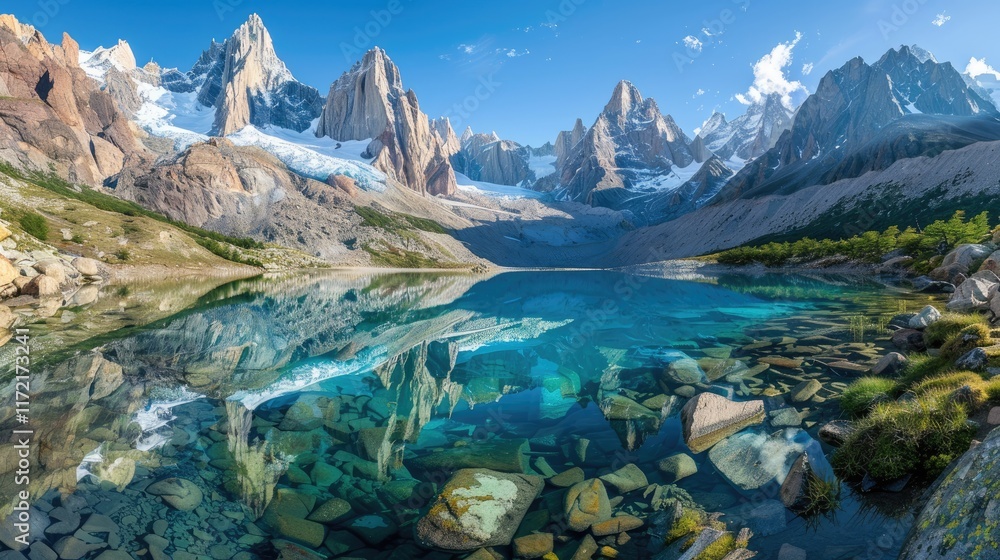Fototapeta premium High-end photography of a rugged mountain range with a clear blue lake at its base, reflecting the peaks