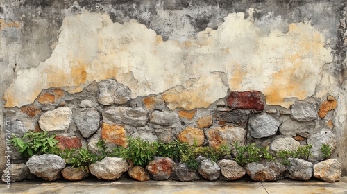 Textured Wall with Weathered Stones and Green Plants at the Base, Perfect for Backgrounds or Rustic Themes in Various Design Projects photo