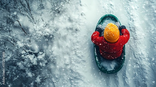 Children sledding joyfully down a snowy hill, winter fun illustration.