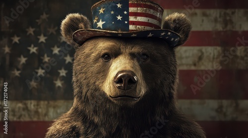 A charming and festive portrait of a bear donning a patriotic hat adorned with the American stars and stripes, embodying the spirit of the 4th of July holiday. photo