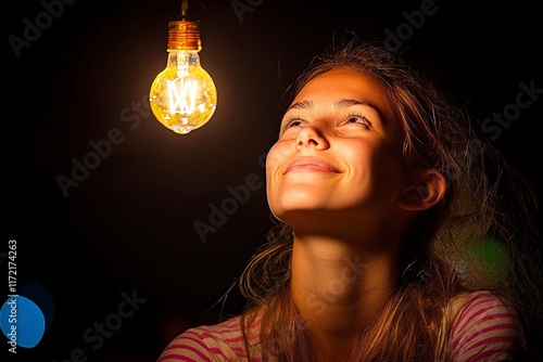 Joyful Woman Gazing at Hanging Light Bulb photo