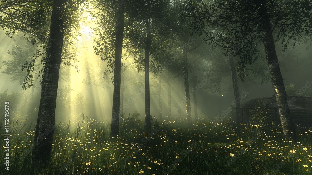 Sunbeams pierce misty forest, illuminating wildflowers. Sunbeams pierce misty forest, illuminating wildflowers.