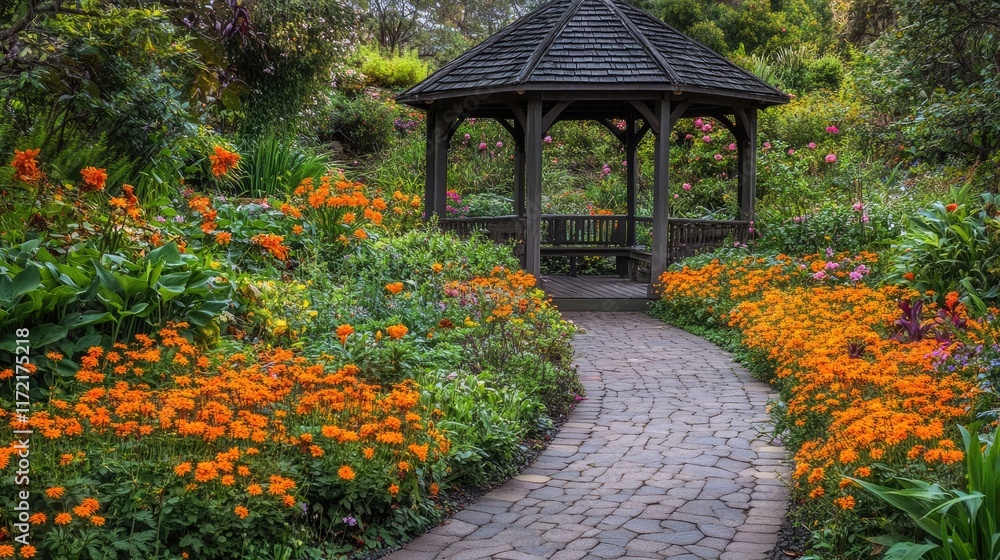 A picturesque flower garden with a wooden gazebo surrounded by blooming plants. A picturesque flower garden with a wooden gazebo surrounded by blooming plants.