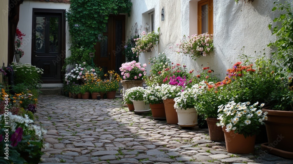 Naklejka premium A quaint garden with neatly arranged flower pots on a cobblestone patio.