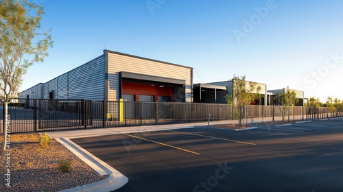 Modern industrial warehouse complex featuring a metal fence and expansive parking area, showcasing urban commercial architecture. photo