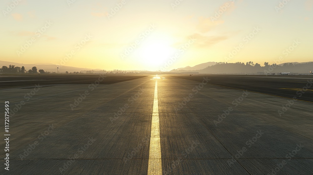 Naklejka premium A quiet airport runway with sunlight highlighting the texture of the tarmac.