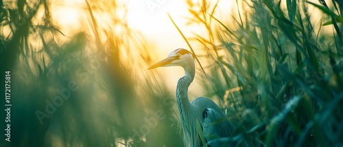 Heron in Grassy Marsh at Sunrise. Stock Photo photo