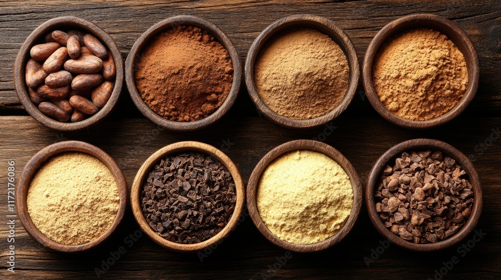 A Collection of Exotic Natural Powders and Whole Ingredients Arranged in Wooden Bowls on a Rustic Wooden Surface, Perfect for Culinary and Food Photography