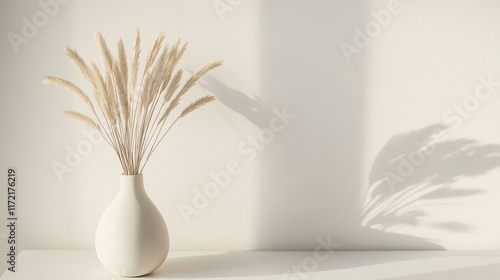 Modern white vase with dried beige palm leaves, offering a touch of aesthetic neutral decor ideal for contemporary and minimalist interiors. photo