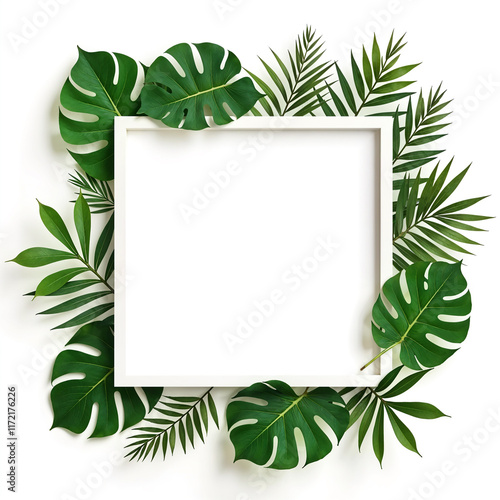 White Frame with Tropical Green Leaves on a Clean Background