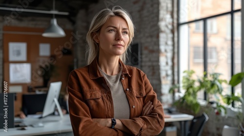 Visionary female founder in a sleek modern office, surrounded by innovative tech, radiating leadership and confidence, empowering a diverse team in a vibrant urban setting photo