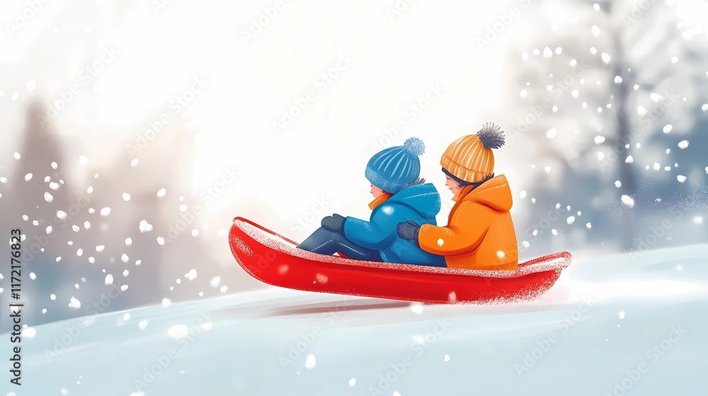 Children sledding down a snowy hill, laughter and joy filling the air, a perfect winter activity, style of book illustration Children sledding down a snowy hill, laughter and joy filling the air, a perfect winter activity, style of book illustration