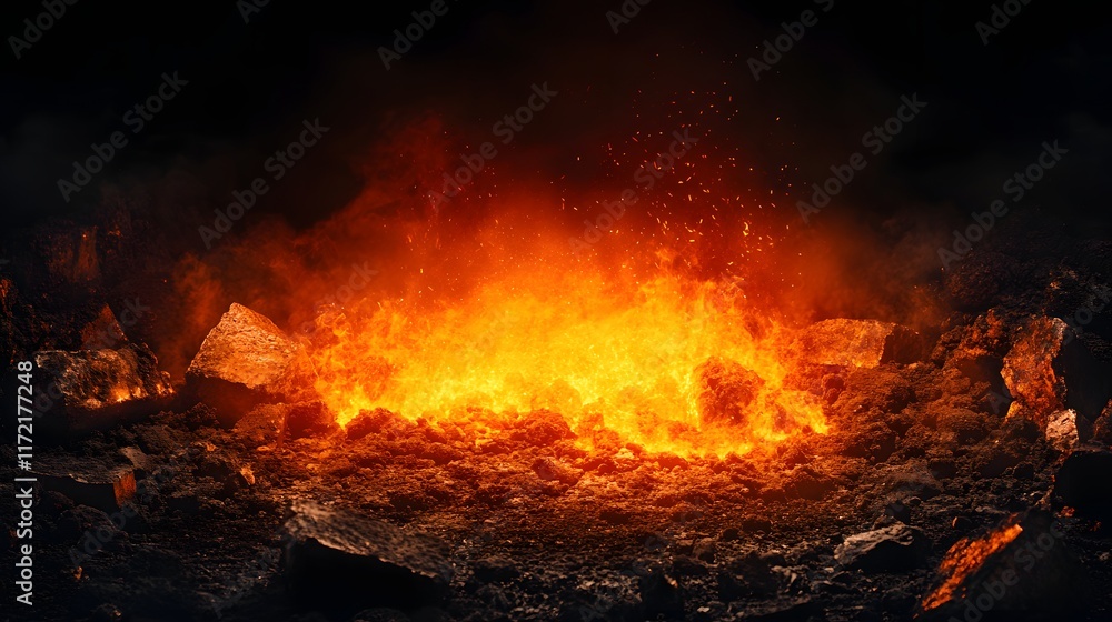 Vivid Eruption of Molten Lava with Explosive Sparks and Intense Heat Glowing Against a Dark Background, Showcasing the Raw Power of Nature and Volcanic Activity Vivid Eruption of Molten Lava with Explosive Sparks and Intense Heat Glowing Against a Dark Background, Showcasing the Raw Power of Nature and Volcanic Activity