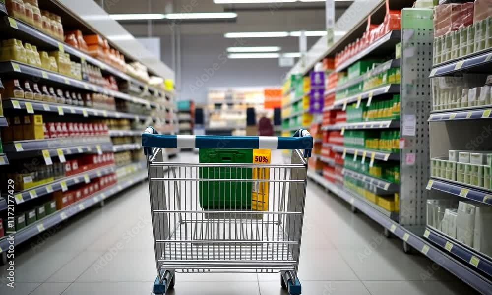 A shopping cart stands in the center of a grocery store aisle, surrounded by shelves stocked with various products, inviting customers to browse and shop. A shopping cart stands in the center of a grocery store aisle, surrounded by shelves stocked with various products, inviting customers to browse and shop.