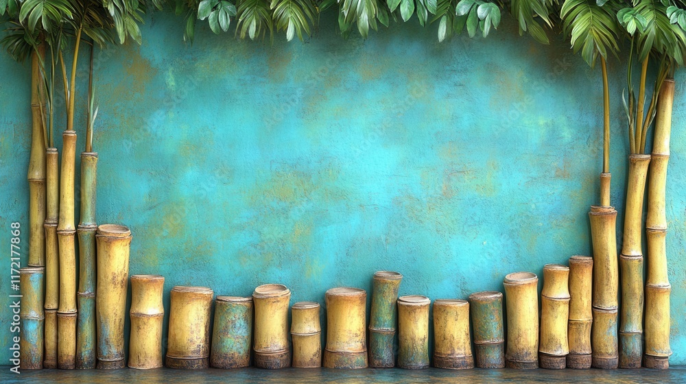 Vibrant Bamboo Wall with Lush Greenery and Turquoise Background for Nature Inspired Design or Decoration, Perfect for Tropical and Zen Ambience