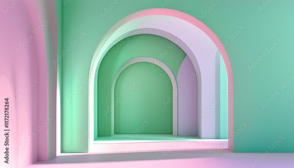 Fototapeta premium a room with a green wall and a pink archway