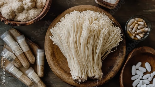 Overhead flat lay view showcasing lions mane mushrooms alongside vitamin supplement tablets. photo