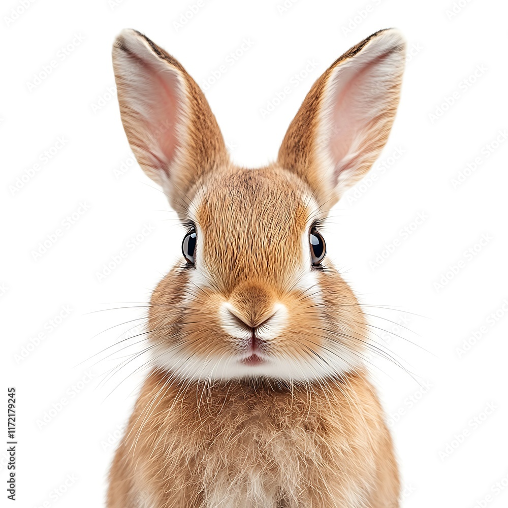Fototapeta premium Cute brown bunny rabbit close-up, white background, Easter pet.
