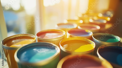 Paint cans in a sunlit room, ideal for home renovation and interior design projects. photo