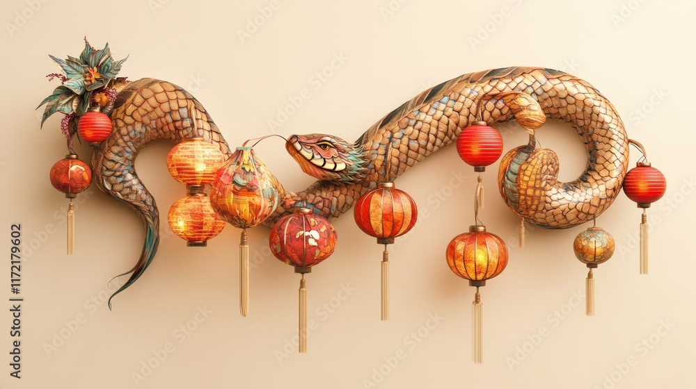 Naklejka premium Ornate Dragon Sculpture Adorned With Colorful Lanterns