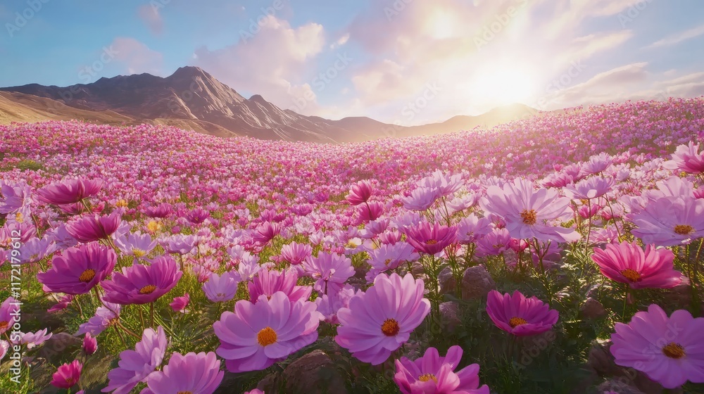 Obraz premium A sunny field of blooming cosmos flowers with a picturesque mountain backdrop.