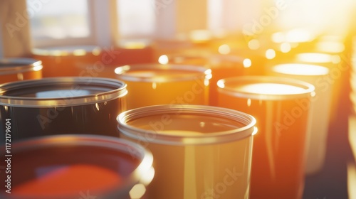 Paint cans in a sunlit room, ideal for home renovation and interior design projects. photo