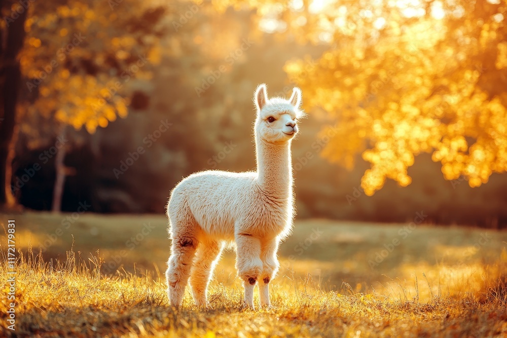 Fototapeta premium Fluffy Alpaca Standing in Grassy Field at Sunset