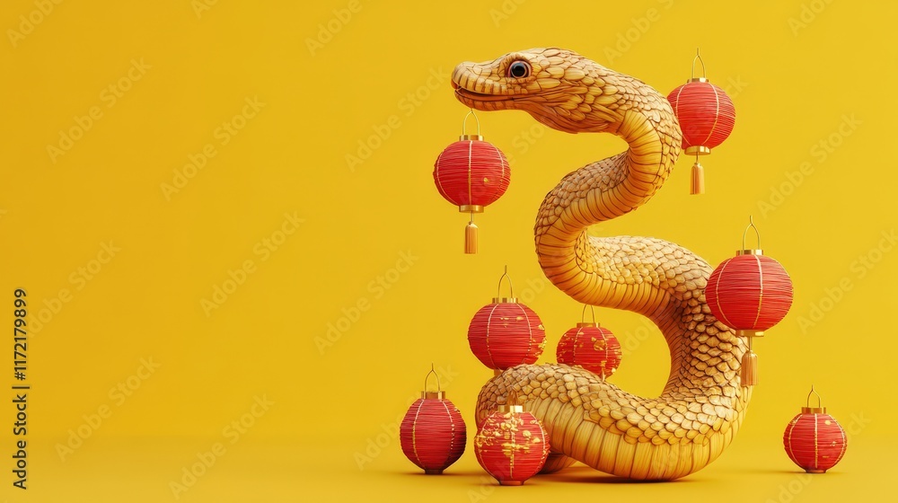 Fototapeta premium Golden Snake with Red Lanterns Celebrates Chinese New Year