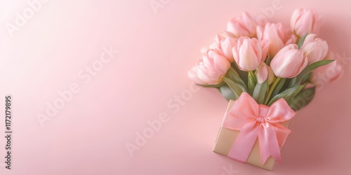 A charming bouquet of pink tulips, elegantly tied with a soft pink bow, rests against a delicate pink backdrop, perfect for expressing love on Valentine's Day.