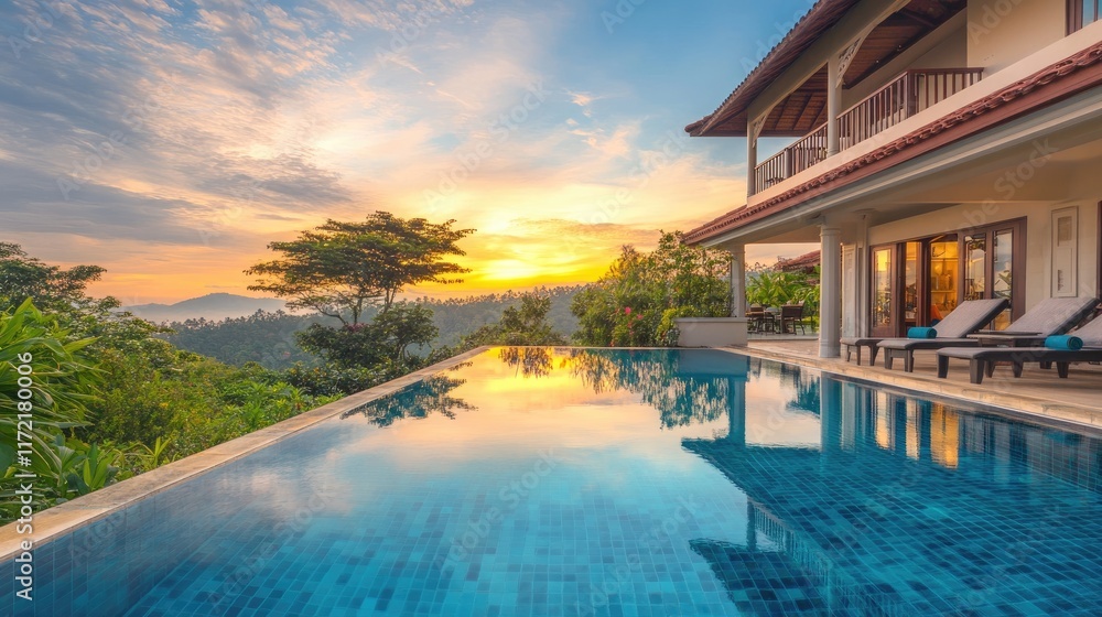 Fototapeta premium A swimming pool reflecting the sky and greenery, situated beside a house glowing in morning light.