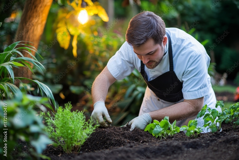 Fototapeta premium Friendly Restaurant Staff Gardening in a Warm Backyard