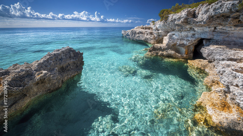 stunning high angle view of rocky shoreline merging with clear turquoise water, showcasing beauty of nature and tranquility