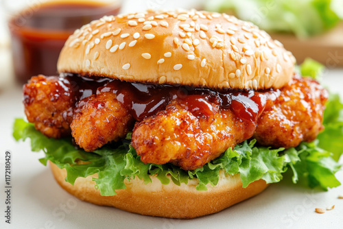 Delicious chicken sandwich with sauce drizzled on top - tempting and mouthwatering. photo