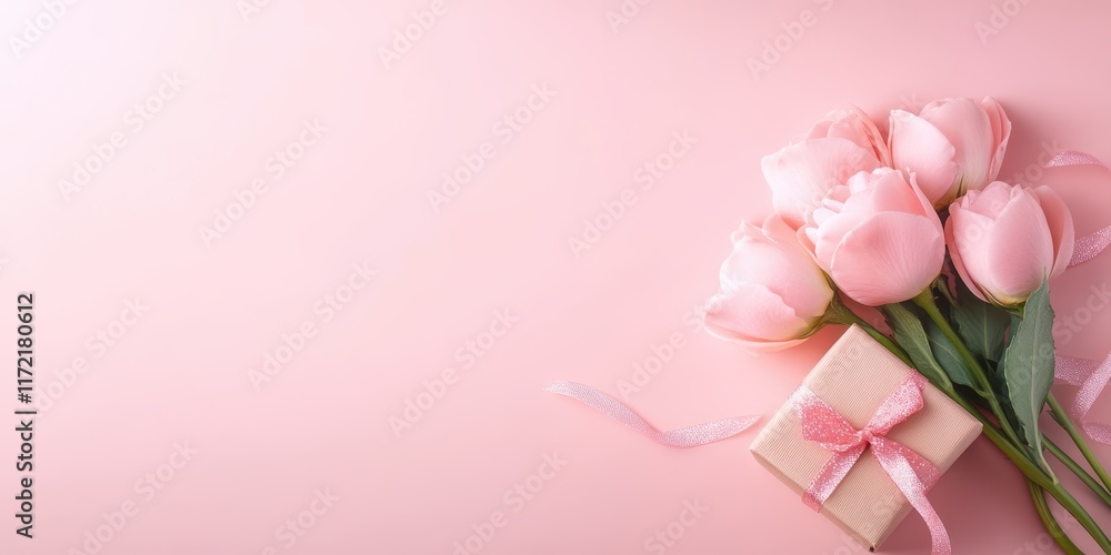 Fototapeta premium A charming bouquet of pink tulips adorned with a lovely pink ribbon, set against a soft pink background, radiates love and affection for Valentine's Day.