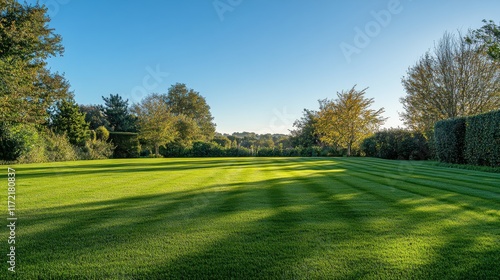 A lush green lawn stretching out under a clear blue sky, with dew-covered grass glistening in the early morning light, creating a peaceful and serene atmosphere.