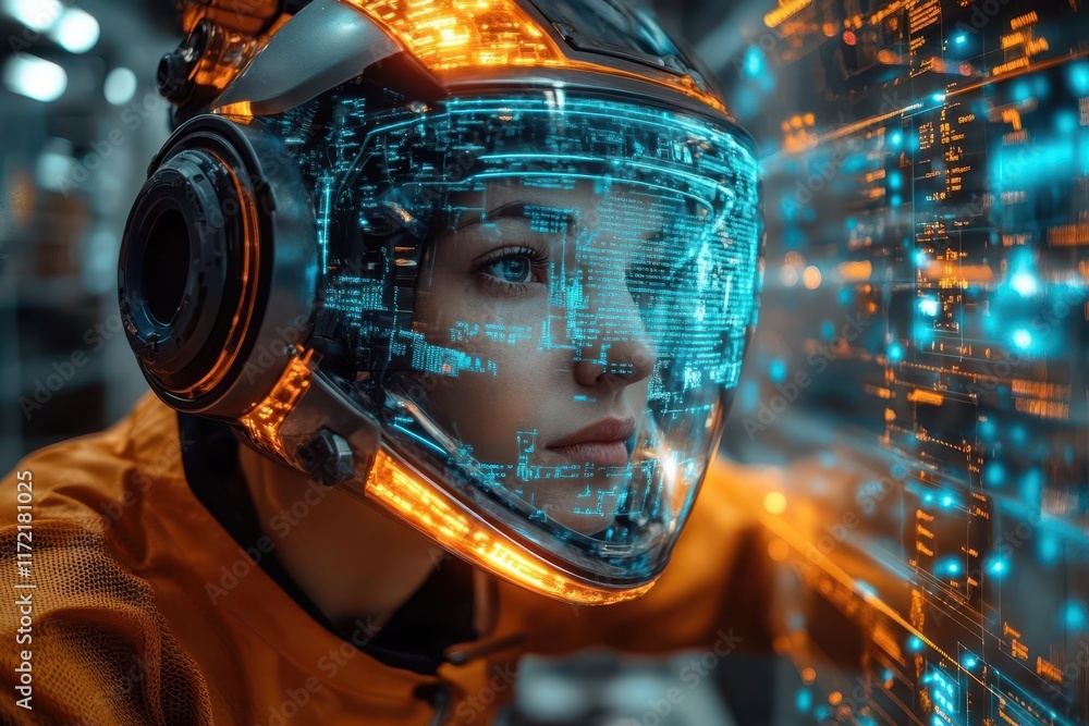 futuristic industry technology theme featuring a robotic process automation engineer working amidst smart factory elements highlighting digital transformation and aidriven solutions for efficiency futuristic industry technology theme featuring a robotic process automation engineer working amidst smart factory elements highlighting digital transformation and aidriven solutions for efficiency