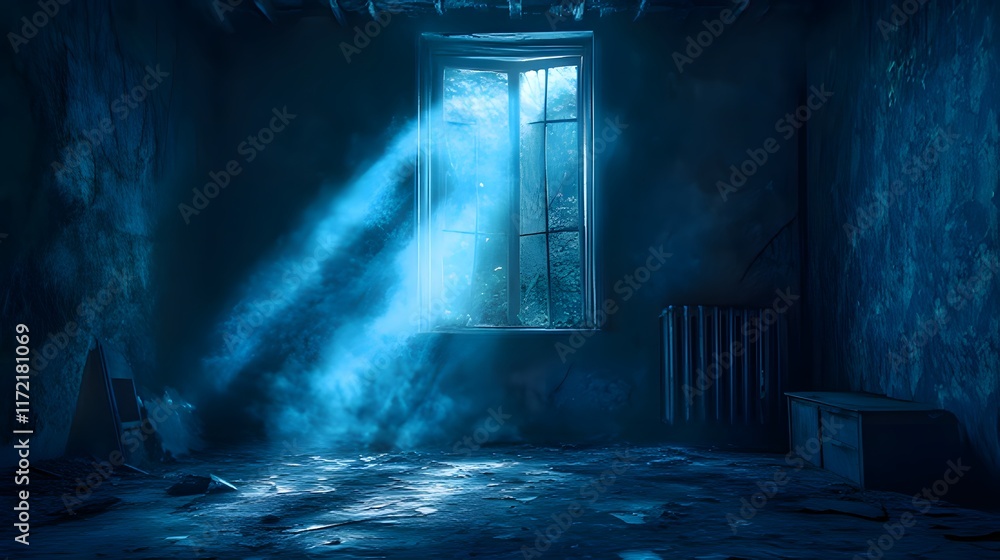 A dimly lit, abandoned room with sunlight streaming through a dusty window.