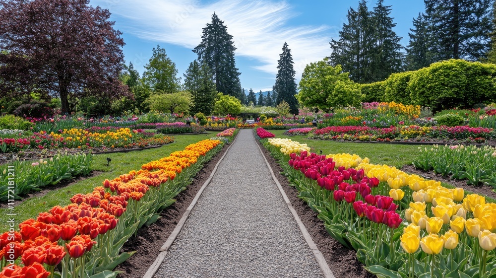 Obraz premium A vibrant tulip garden with rows of colorful blooms in perfect symmetry.