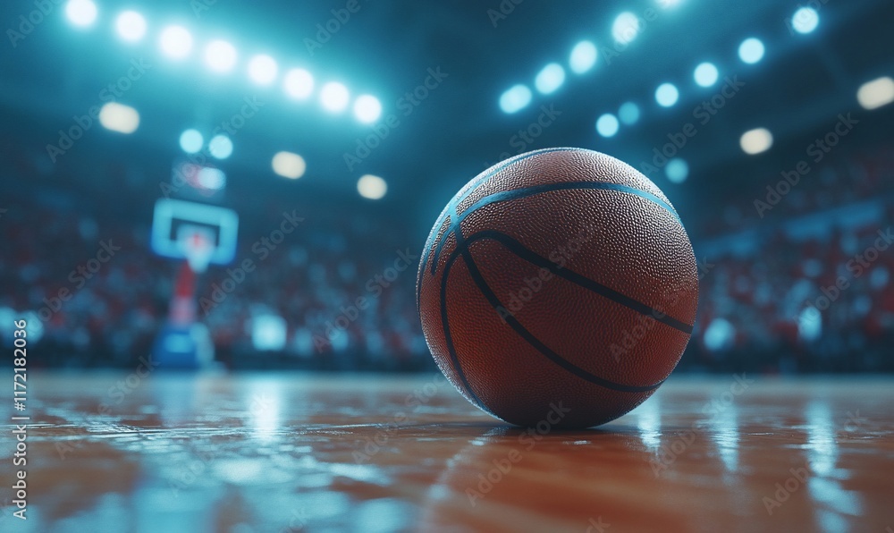 Basketball on court in arena with spectators. Basketball on court in arena with spectators.