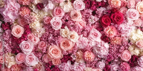 A breathtaking wall adorned with delicate pink and white flowers, radiating love and romance, perfect for celebrating Valentine's Day.