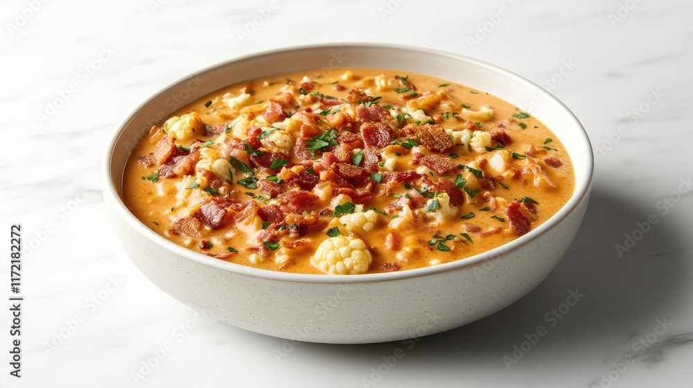 A bowl of creamy cauliflower soup garnished with crispy bacon bits and fresh parsley, placed on a clean white table with copy space. A bowl of creamy cauliflower soup garnished with crispy bacon bits and fresh parsley, placed on a clean white table with copy space.