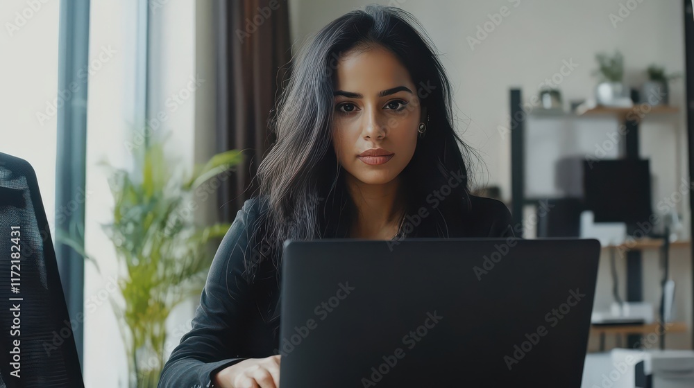 Focused Woman Working on Laptop in Modern Office Focused Woman Working on Laptop in Modern Office
