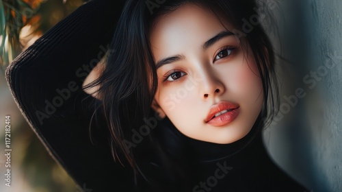 Portrait of a young Asian woman showcasing beauty and confidence. photo