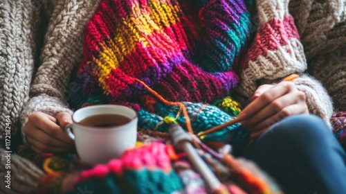 A scene of a person sitting in a cozy corner, knitting a vibrant scarf with colorful yarn, surrounded by knitting tools and a cup of tea, creating a homely atmosphere.