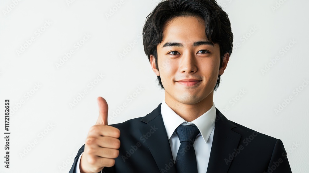 Portrait of a young Japanese businessman giving thumb up in formal wear, exuding confidence and professionalism. Portrait of a young Japanese businessman giving thumb up in formal wear, exuding confidence and professionalism.
