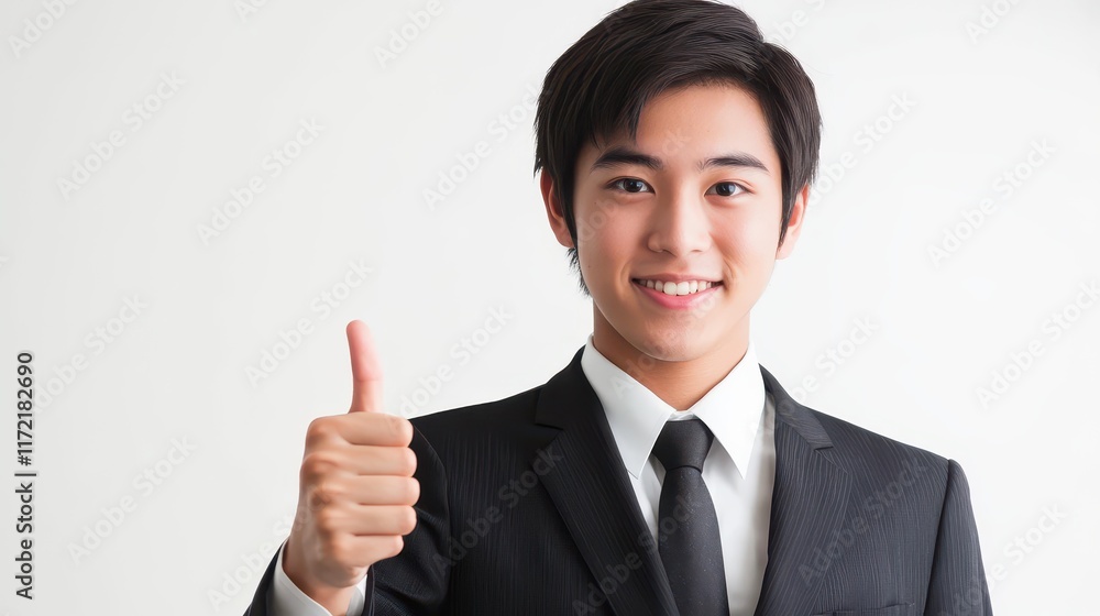 Portrait of a young Japanese businessman giving thumb up in formal wear, exuding confidence and professionalism. Portrait of a young Japanese businessman giving thumb up in formal wear, exuding confidence and professionalism.
