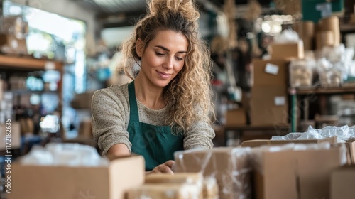 Woman carefully packs products in boxes. Image ideal for e-commerce, shipping, or small business themes.