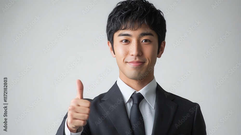Portrait of a young Japanese businessman giving thumb up in formal wear, exuding confidence and professionalism. Portrait of a young Japanese businessman giving thumb up in formal wear, exuding confidence and professionalism.