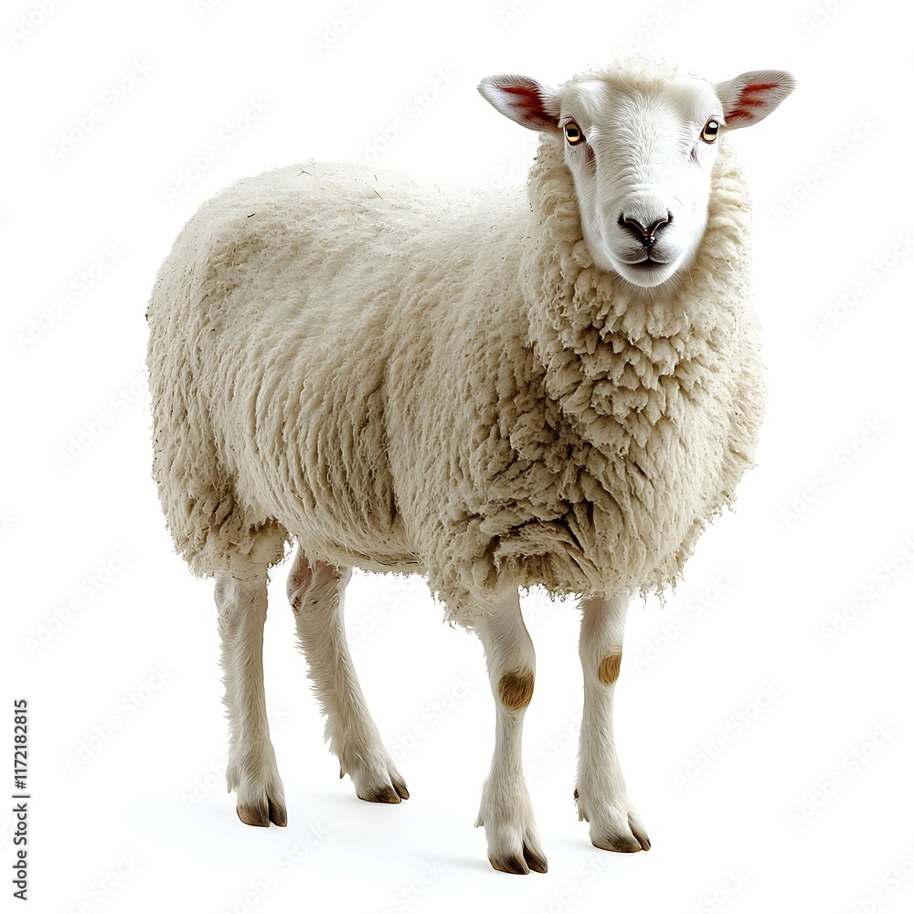 Fototapeta premium Fluffy sheep posing, white background, farm animal.