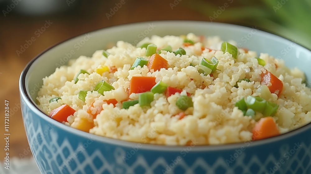 A bowl of keto cauliflower rice stir-fry with mixed vegetables and a sprinkle of green onions. A bowl of keto cauliflower rice stir-fry with mixed vegetables and a sprinkle of green onions.